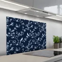 KitchenYeah Spatscherm 100x65 cm - Zelfklevende achterwand Grafisch - Bloesemtak - Blauw - Keuken muurbeschermer - Spatwand fornuis