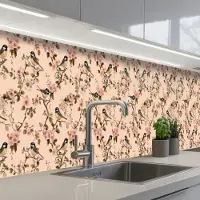 KitchenYeah Keuken achterwand 500x80 cm - Spatscherm zelfklevend Bloesem - Koolmees - Roze - Muurbeschermer - Spatwand fornuis