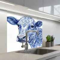 KitchenYeah Keuken achterwand 80x80 cm - Spatscherm zelfklevend Illustratie - Koe - Blauw - Muurbeschermer - Spatwand fornuis