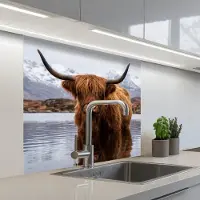 KitchenYeah Keuken achterwand 80x80 cm - Spatscherm zelfklevend Schotse hooglander - Bruin - Water - Muurbeschermer - Spatwand fornuis