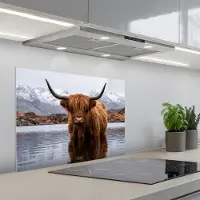 KitchenYeah Spatscherm 70x50 cm - Zelfklevende achterwand Schotse hooglander - Bruin - Water - Keuken muurbeschermer - Spatwand fornuis