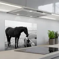 KitchenYeah Spatscherm 70x50 cm - Zelfklevende achterwand Paard - Auto - Zwart - Wit - Keuken muurbeschermer - Spatwand fornuis