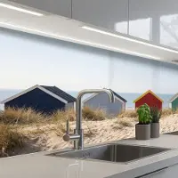 KitchenYeah Keuken achterwand 150x60 cm - Spatscherm zelfklevend Strand - Huisjes - Kleurrijk - Duinen - Muurbeschermer - Spatwand fornuis