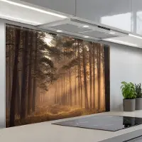KitchenYeah Spatscherm 120x80 cm - Zelfklevende achterwand Bos - Mist - Zonlicht - Keuken muurbeschermer - Spatwand fornuis