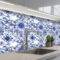 KitchenYeah Keuken achterwand 250x80 cm - Spatscherm zelfklevend Bloemen - Blauw - Patroon - Wit - Muurbeschermer - Spatwand fornuis