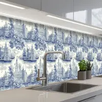 KitchenYeah Keuken achterwand 500x60 cm - Spatscherm zelfklevend Huizen - Bomen - Water - Vogels - Blauw - Muurbeschermer - Spatwand fornuis