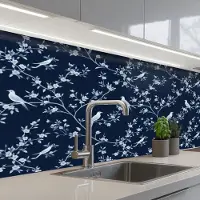 KitchenYeah Keuken achterwand 150x60 cm - Spatscherm zelfklevend Grafisch - Bloesemtak - Blauw - Muurbeschermer - Spatwand fornuis