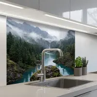 KitchenYeah Keuken achterwand 100x80 cm - Spatscherm zelfklevend Waterval - Bomen - Bergen - Muurbeschermer - Spatwand fornuis