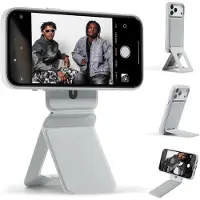 MOFT Telefoonhouder | Compatibel met MagSafe | Uitklapbare Tripod Standaard Telefoon 20CM | Tombogo | MOVAS Vegan Leer | Magnetische Bureau Houder Verstelbaar | Grijs