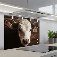 KitchenYeah Spatscherm 80x60 cm - Zelfklevende achterwand Kalf - Oormerk - Houten stal - Keuken muurbeschermer - Spatwand fornuis