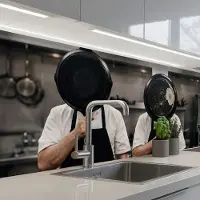 KitchenYeah Keuken achterwand 200x60 cm - Spatscherm zelfklevend Koks - Koekenpannen - Keuken - Muurbeschermer - Spatwand fornuis