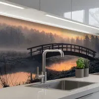 KitchenYeah Keuken achterwand 150x80 cm - Spatscherm zelfklevend Brug - Mist - Bomen - Water - Muurbeschermer - Spatwand fornuis