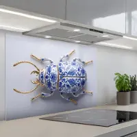 KitchenYeah Spatscherm 80x55 cm - Zelfklevende achterwand Kever - Delfts - Blauw - Goud - Keuken muurbeschermer - Spatwand fornuis