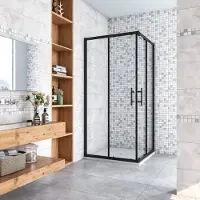 AICA volledige set douchecabine 80x80x195cm met dubbele schuifdeur 6mm easyclean gehard glas mat zwart mat zwart profiel inclusief mat wit douchebak