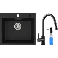 CECIPA MAX Spoelbak Keuken 50x45cm - Graniet Spoelbakken Met Keukenkraan Met Uittrekbare Uitloop Zwart - Spoelbakken Keuken Met Zeepdispenser - Spoelbakken met Afdruip - Antraciet