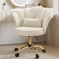 Hawthyhome Fluwelen Bureaustoel met Wieltjes – Velours Make-up Stoel Verstelbaar & Draaibaar met Gouden Onderstel – Kaptafelstoel voor Slaapkamer, Thuiswerkplek en Salon,Beige