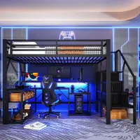 Sweiko Hoogslaper - 140 x 200 cm - Metalen frame - Opbergruimte - LED-verlichting - Met bureau - USB-poorten - Zwart