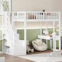 OKWISH Hoogslaper 90x200cm – Met Multifunctionele Tafel – Trap Met Opbergruimte – Ruimte Onder Bed – Voor Kinderkamer – Hout – Zonder matras – Wit