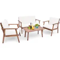 Costway 4-delige tuinmeubelset, balkonmeubels van acaciahout, terrasmeubels met zit- en rugkussens, balkonset incl. 2 stoelen, bank & tafel, zitgroep, zitgarnituur, tuingarnituur (wit)
