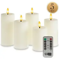 Meisterhome LED Kaarsen 5-delige Set Ivoor – Vlamloos & Flikkerend Licht – Met Afstandsbediening & Timer – Batterijverlichting – Ø7 cm, Hoogte 10/12,5/15 cm – Rustiek Design – Warm Wit Licht