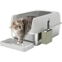 PawHut -Katzentoilette-ABS, Edelstahl-60,2L x 40,6B x 29H cm-Hellgrau