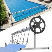 UISEBRT Aluminium en roestvrijstalen poolrol voor afdekkingen, verstelbaar van 3 tot 5,7 meter – Rolmechanisme voor zwembadafdekkingen, met handkurbel, wielen en 8 bevestigingsclips