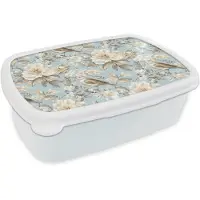 MuchoWow Broodtrommel Wit - Lunchbox Botanisch - Zangvogel - Blauw - Brooddoos 18x12x6 cm - Brood lunch box - Broodtrommels voor kinderen en volwassenen