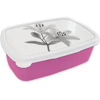 MuchoWow Broodtrommel Roze - Lunchbox Lelies - Elegant - Zwart - Wit - Brooddoos 18x12x6 cm - Brood lunch box - Broodtrommels voor kinderen en volwassenen