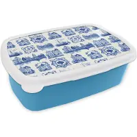 MuchoWow Broodtrommel Blauw - Lunchbox Huizen - Schepen - Blauw - Brooddoos 18x12x6 cm - Brood lunch box - Broodtrommels voor kinderen en volwassenen