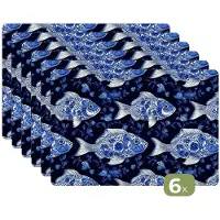 KitchenYeah Placemats - 6 stuks - 45x30 cm - Placemat kunststof - Vissen - Bloemen - Blauw - Borden onderleggers - Decoratie voor op tafel - Keuken tafeldecoratie accessoires - Vinyl onderlegger - Tafelversiering