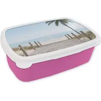 MuchoWow Broodtrommel Roze - Lunchbox Palmbomen - Pad - Horizon - Brooddoos 18x12x6 cm - Brood lunch box - Broodtrommels voor kinderen en volwassenen