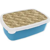 MuchoWow Broodtrommel Blauw - Lunchbox Patroon - Waaier - Goud - Brooddoos 18x12x6 cm - Brood lunch box - Broodtrommels voor kinderen en volwassenen