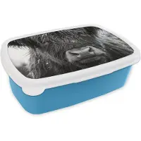 MuchoWow Broodtrommel Blauw - Lunchbox Schotse hooglander - Zwart - Wit - Sneeuwvlokken - Brooddoos 18x12x6 cm - Brood lunch box - Broodtrommels voor kinderen en volwassenen