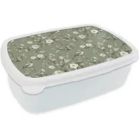MuchoWow Broodtrommel Wit - Lunchbox Botanisch - Vogels - Groen - Brooddoos 18x12x6 cm - Brood lunch box - Broodtrommels voor kinderen en volwassenen
