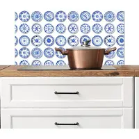 KitchenYeah Spatscherm keuken 80x40 cm - Kookplaat achterwand Borden - Bloemen - Patroon - Blauw - Muurbeschermer - Spatwand fornuis - Hoogwaardig aluminium