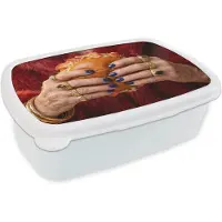 MuchoWow Broodtrommel Wit - Lunchbox Broodje - Bontjas - Goud - Brooddoos 18x12x6 cm - Brood lunch box - Broodtrommels voor kinderen en volwassenen