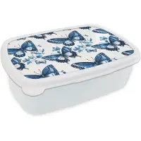 MuchoWow Broodtrommel Wit - Lunchbox Blauw - Vlinders - Bloemen - Wit - Brooddoos 18x12x6 cm - Brood lunch box - Broodtrommels voor kinderen en volwassenen