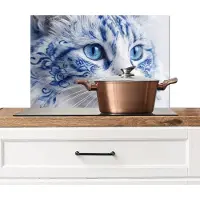 KitchenYeah Spatscherm keuken 60x40 cm - Kookplaat achterwand Kat - Patroon - Blauw - Muurbeschermer - Spatwand fornuis - Hoogwaardig aluminium