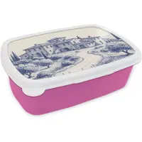 MuchoWow Broodtrommel Roze - Lunchbox Rustiek - Landgoed - Blauw - Brooddoos 18x12x6 cm - Brood lunch box - Broodtrommels voor kinderen en volwassenen