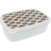 MuchoWow Broodtrommel Wit - Lunchbox Waaiers - Botanisch - Zwart - Beige - Brooddoos 18x12x6 cm - Brood lunch box - Broodtrommels voor kinderen en volwassenen
