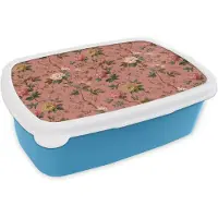 MuchoWow Broodtrommel Blauw - Lunchbox Klassiek - Botanisch - Roze - Brooddoos 18x12x6 cm - Brood lunch box - Broodtrommels voor kinderen en volwassenen
