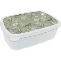 MuchoWow Broodtrommel Wit - Lunchbox Klassiek - Botanisch - Groen - Brooddoos 18x12x6 cm - Brood lunch box - Broodtrommels voor kinderen en volwassenen