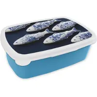 MuchoWow Broodtrommel Blauw - Lunchbox Vissen - Delfts - Blauw - Keramiek - Brooddoos 18x12x6 cm - Brood lunch box - Broodtrommels voor kinderen en volwassenen