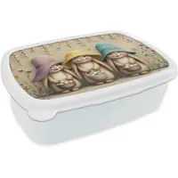 MuchoWow Broodtrommel Wit - Lunchbox Konijntjes - Bloemen - Eieren - Hoeden - Brooddoos 18x12x6 cm - Brood lunch box - Broodtrommels voor kinderen en volwassenen
