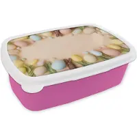 MuchoWow Broodtrommel Roze - Lunchbox Tulpen - Eieren - Chocolade - Pastelkleuren - Brooddoos 18x12x6 cm - Brood lunch box - Broodtrommels voor kinderen en volwassenen