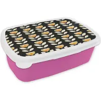 MuchoWow Broodtrommel Roze - Lunchbox Retro - Bloem - Zwart - Okergeel - Brooddoos 18x12x6 cm - Brood lunch box - Broodtrommels voor kinderen en volwassenen