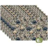 KitchenYeah Placemats - 6 stuks - 45x30 cm - Placemat kunststof - Pauw - Bloemen - Blauw - Borden onderleggers - Decoratie voor op tafel - Keuken tafeldecoratie accessoires - Vinyl onderlegger - Tafelversiering