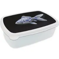 MuchoWow Broodtrommel Wit - Lunchbox Porselein - Goudvis - Delfts - Blauw - Brooddoos 18x12x6 cm - Brood lunch box - Broodtrommels voor kinderen en volwassenen