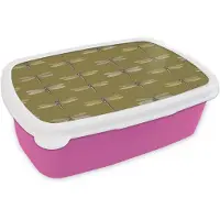 MuchoWow Broodtrommel Roze - Lunchbox Libellen - Patroon - Groen - Brooddoos 18x12x6 cm - Brood lunch box - Broodtrommels voor kinderen en volwassenen