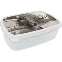 MuchoWow Broodtrommel Wit - Lunchbox Eland - Auto - Gewei - Zwart - Wit - Brooddoos 18x12x6 cm - Brood lunch box - Broodtrommels voor kinderen en volwassenen